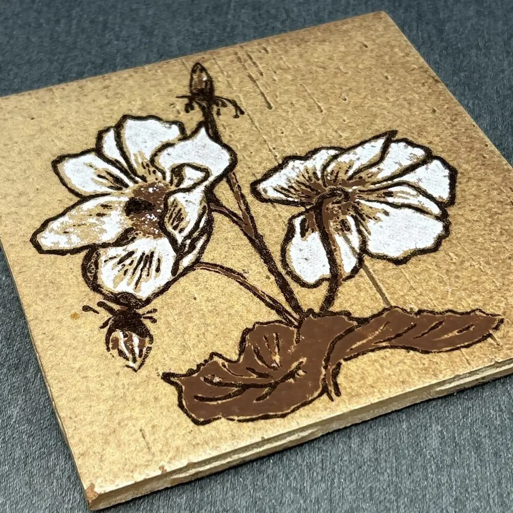 Vintage Ceramic Tile Trivet Brown Yellow Flowers 6